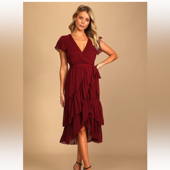 Lulu’s Have Harmony Burgundy Swiss Dot Ruffled Faux Wrap MIDI Dress - Picture 1 of 2